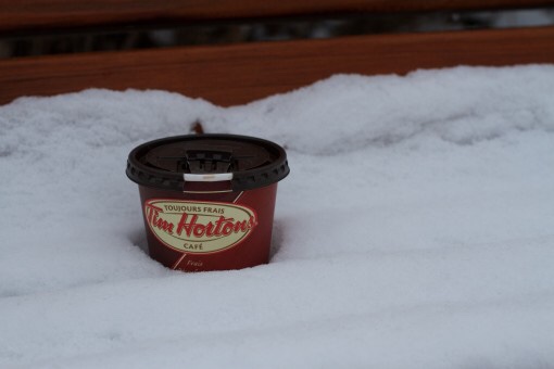 A Tim Horton’s coffee cup cooling in a thick bed of clean snow.