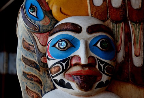 A brightly painted Native American mask. 