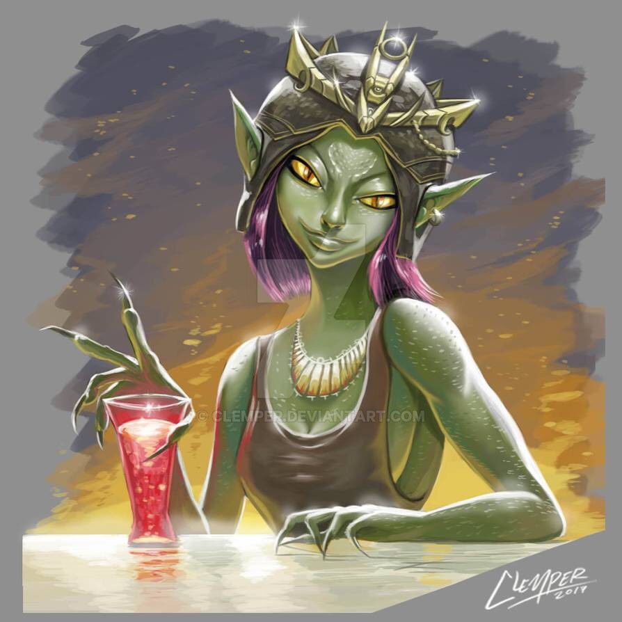 Reptilian mademoiselle with a bright red drink. 