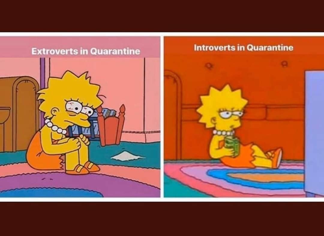Image: The Simpson’s Lisa on the left, red-eyed and holding her knees. Reads, Extroverts in Quarantine. On the right, The Simpson’s Lisa relaxing on the couch. Reads, Introverts in Quarantine.