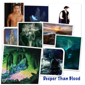 DeeperThanBlood Aesthetic showing images of a dark haired mermaid, an Asian man,, haunting sunsets, dark water, and eerie caves. 