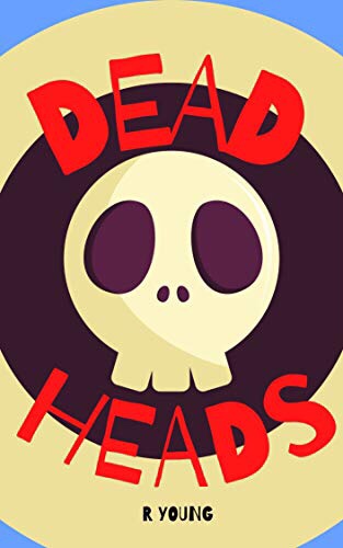 Cover of Deed Heads by R. Young with a caricature of the grim reaper on a yellow and blue background 
